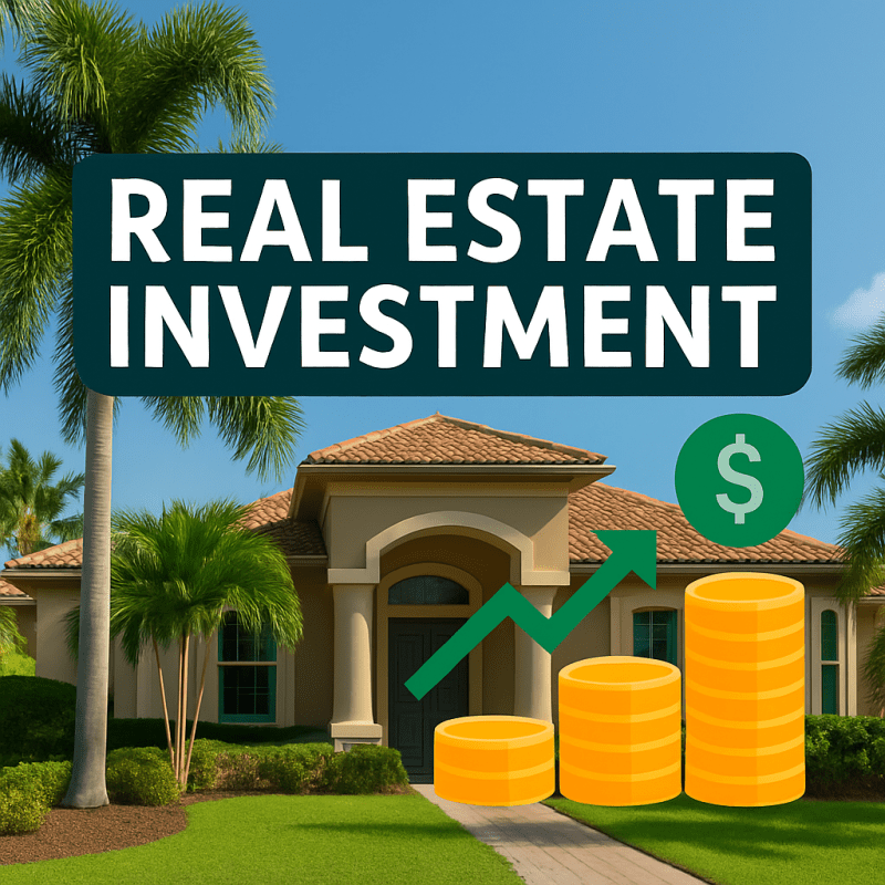Florida real estate investment concepts with a modern home, palm trees and financial growth graphic overlay